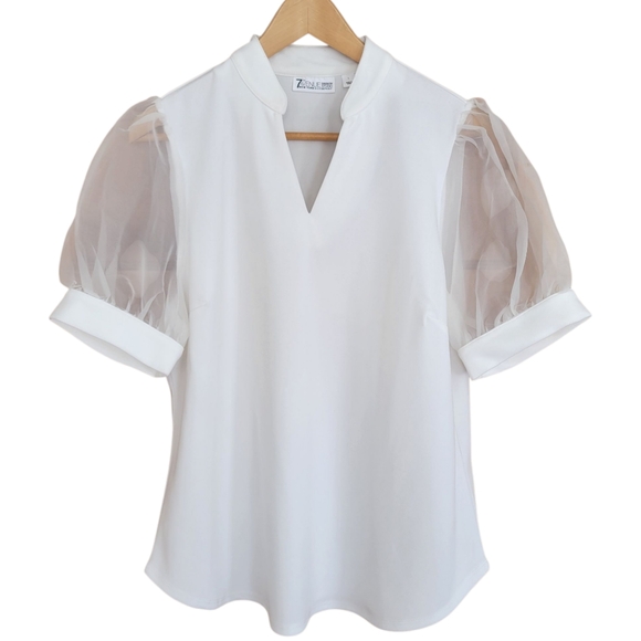 New York & Company Tops - New York & Company 7th Avenue Top Womens Size L White Organza Puff Sleeve V-Neck